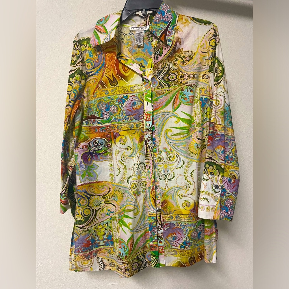 Mishca Women’s Boho Bohemian Hippie Colorful Pattern  3/4 Sleeve Button-Up